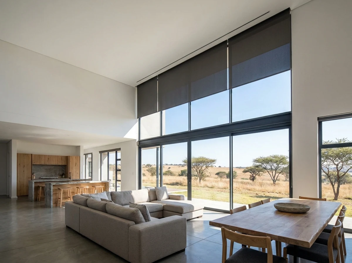 Concealed recessed blind emerging from a hidden ceiling slot above a double-volume window, Southdowns Estate