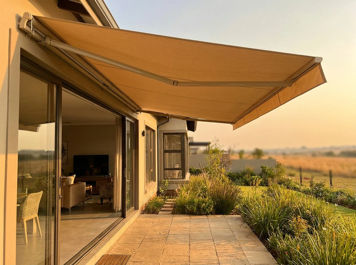 Folding-arm awning extended for shade over a patio in a Southdowns Estate home, Centurion