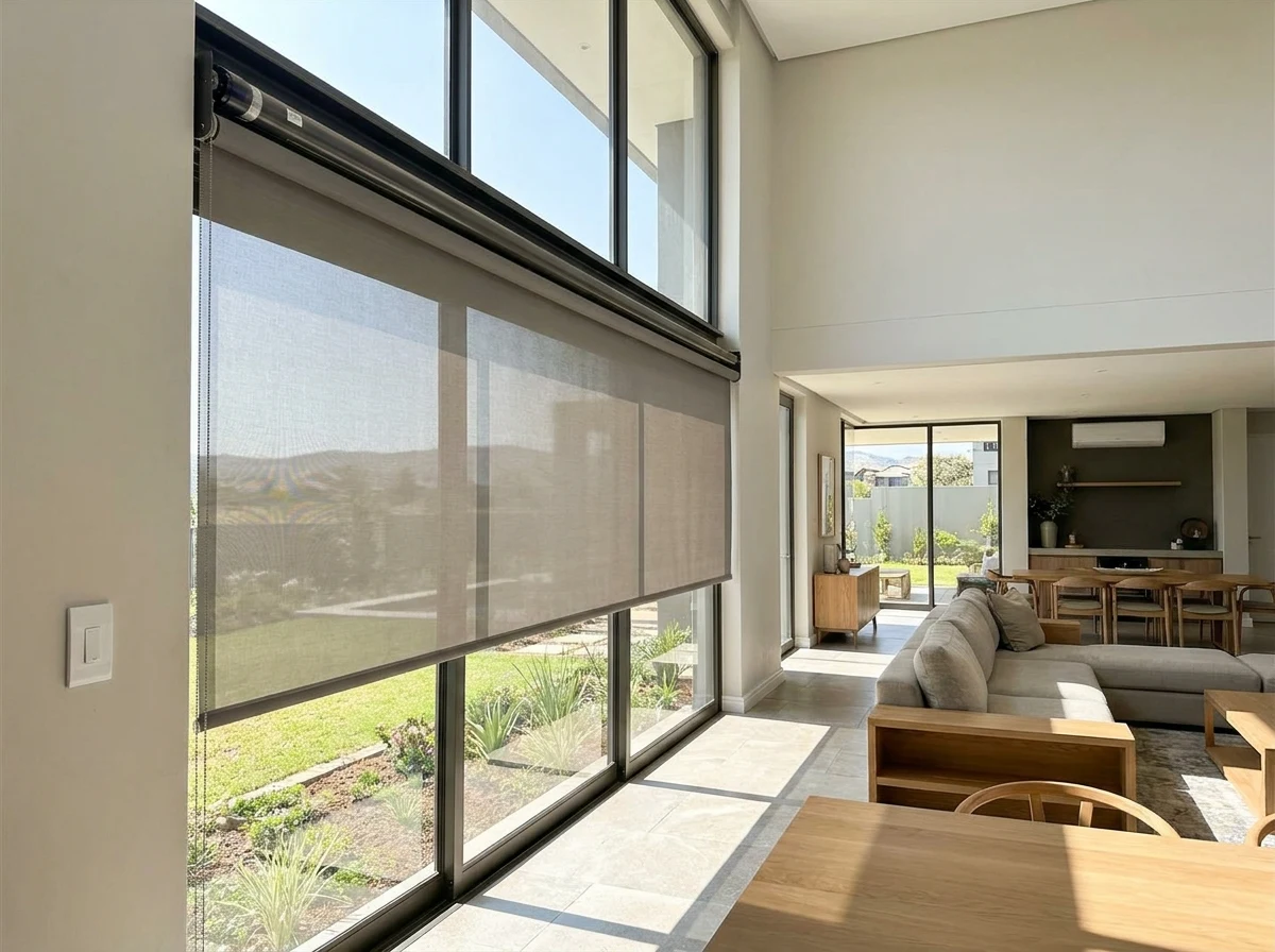 Motorised roller blind and wall-mounted control switch on a double-volume window, Southdowns Estate