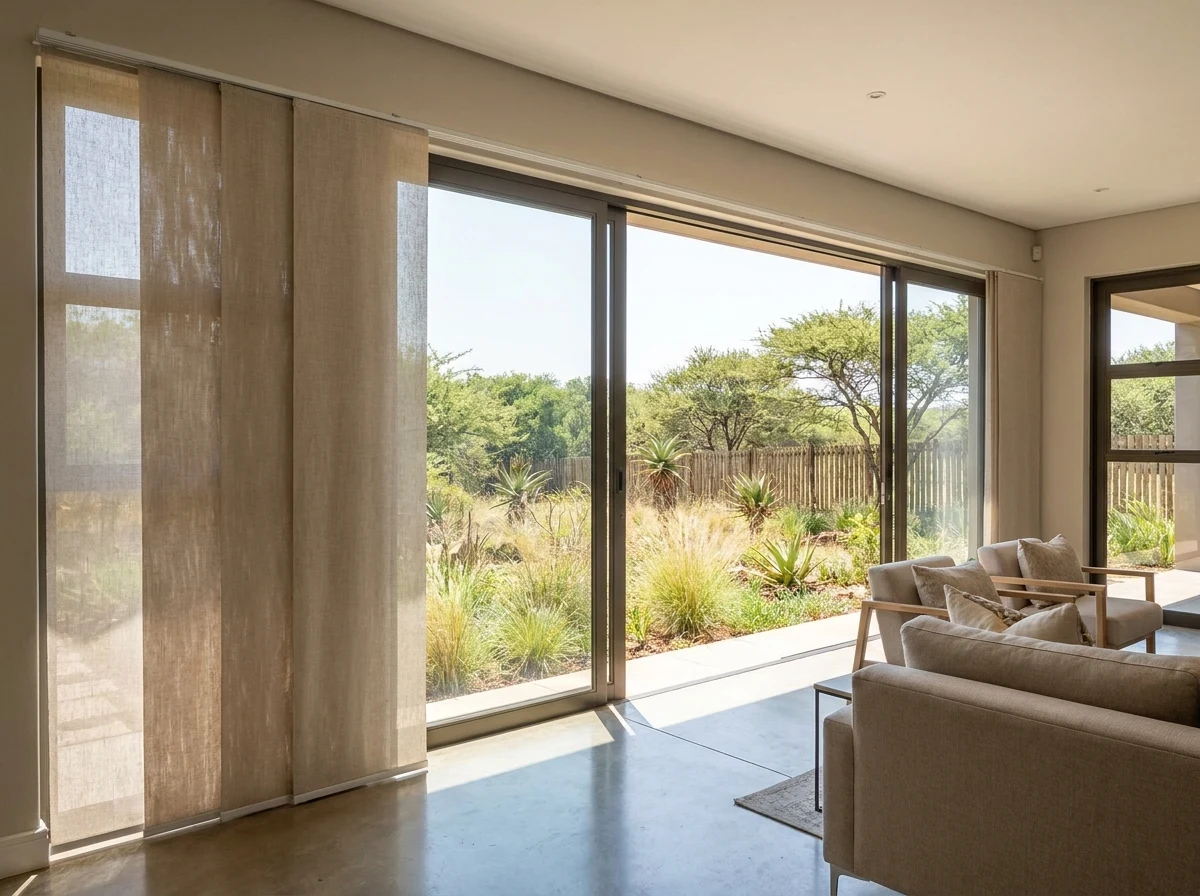Vertical panel-track blinds drawn across wide sliding doors onto a Southdowns Estate garden