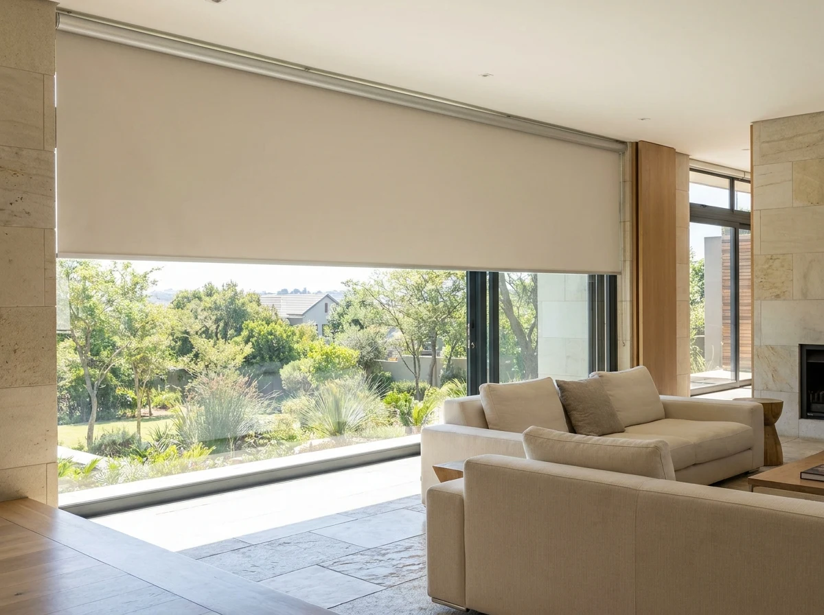 Blockout roller blind half-lowered over a wide window in a Southdowns Estate living room, Centurion